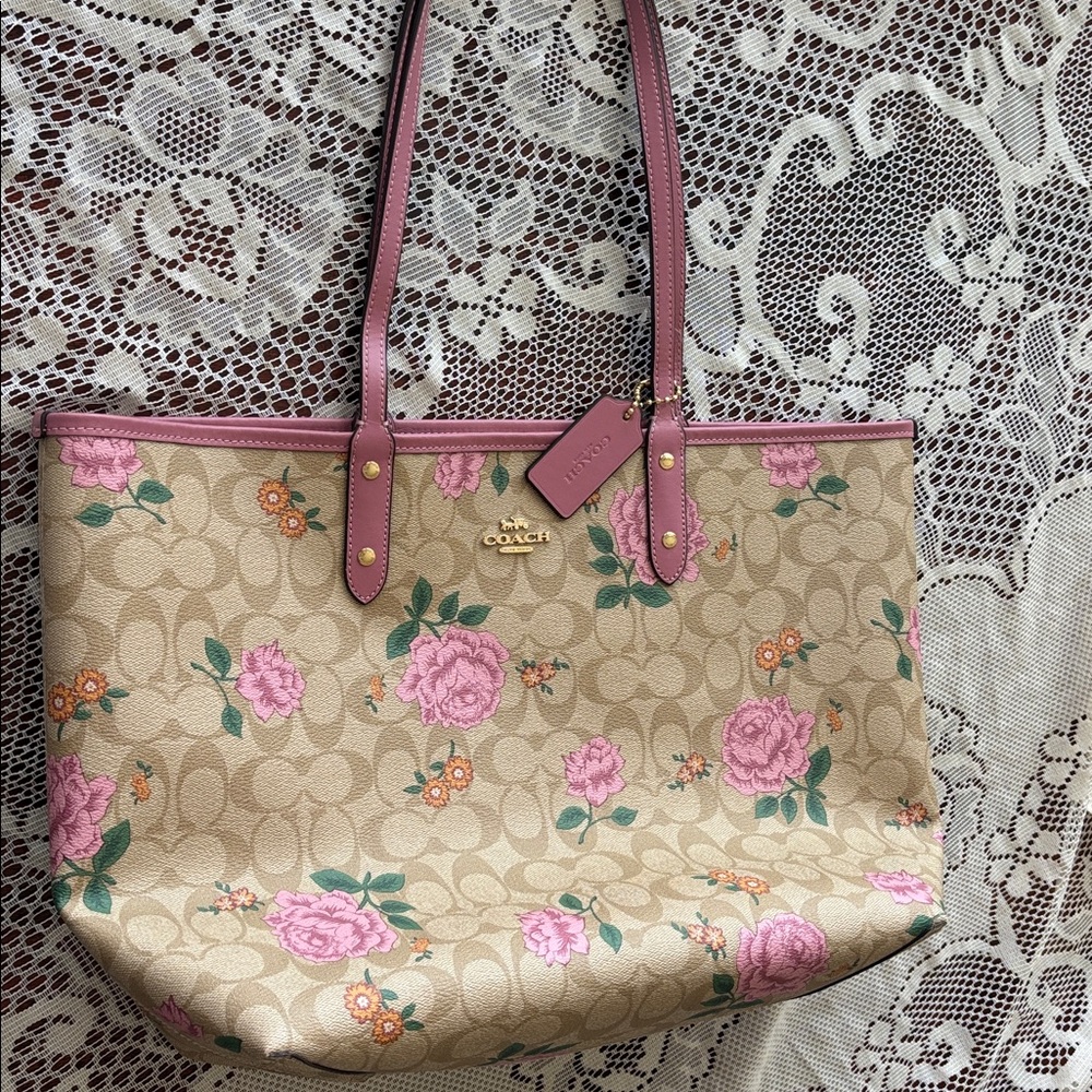 Coach Beige Tote with Pink Floral Design